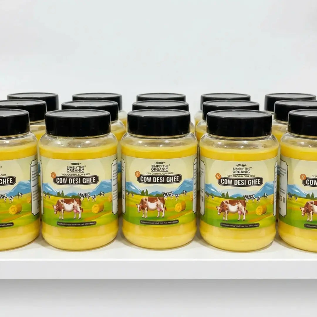 Multiple jars of Cow Desi Ghee arranged on a white shelf against a light gray background. The jars contain yellow ghee and have black lids with colorful labels showing cows and a green field.
