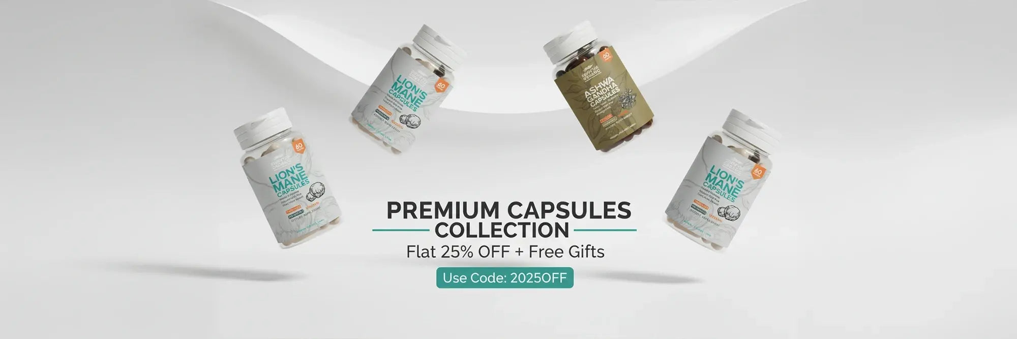 Simply the organic four bottles of premium capsules on a white background with promotional text.