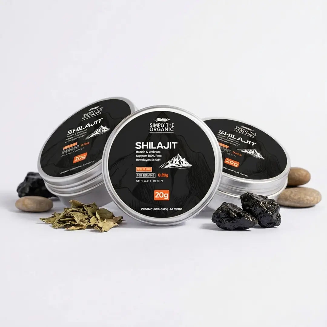 Simply the organic Shilajit Collection himalayan shilajit containers with packaging on a white background