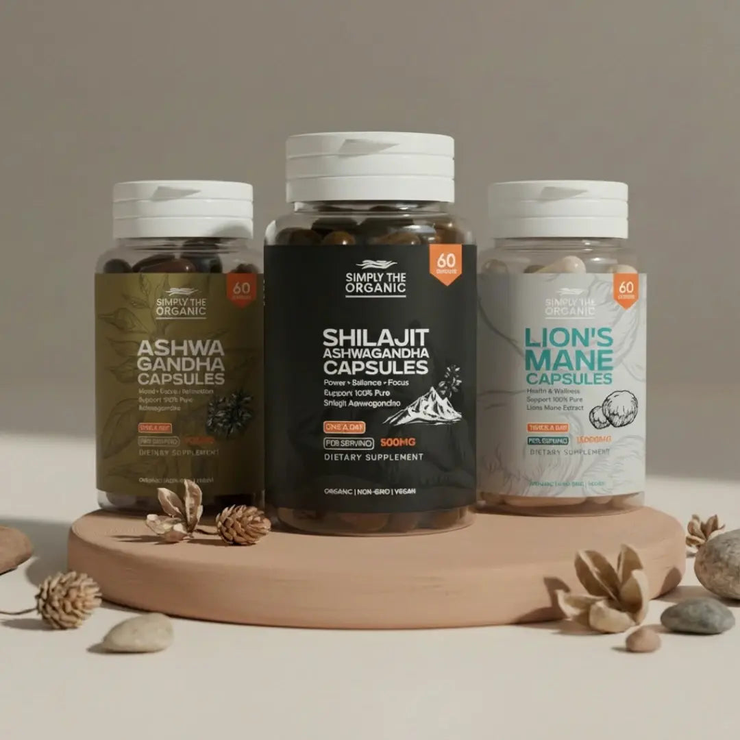 Three supplement bottles labeled 'Ashwa Gandha', 'Shilajit Ashwagandha', and 'Lion's Mane' on a wooden stand with a neutral background.